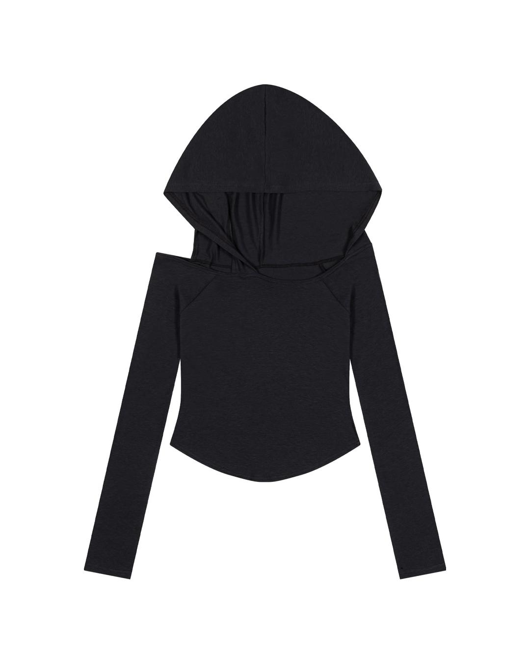 OFF-SHOULDER HOODED LONG SLEEVE T-SHIRT, CHARCOAL