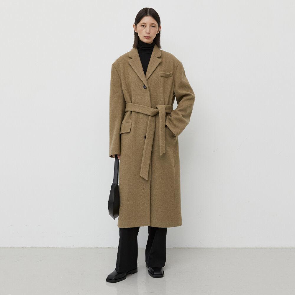 ALPACA BELTED SINGLE COAT - LIGHT KHAKI