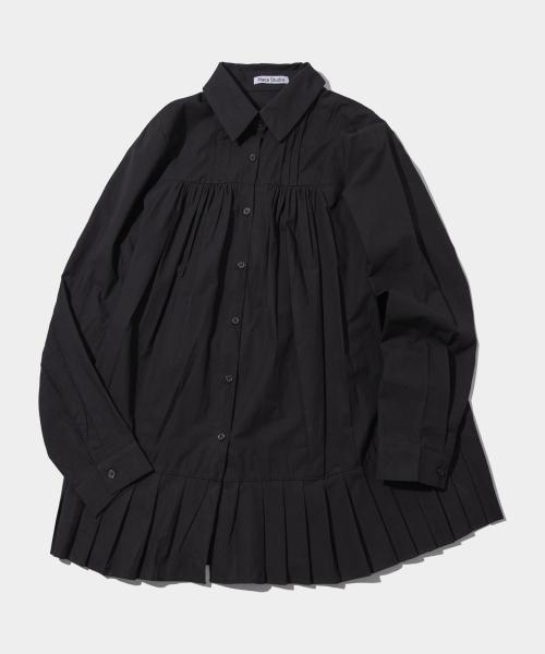 미니멀 플리츠 프릴 코튼 셔링 긴팔 블라우스 셔츠 [블랙]