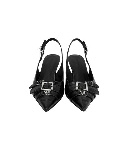 Leather Belted Slingback Shoes [ Black ]