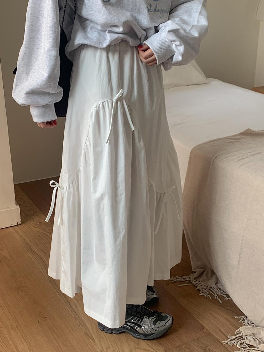 프렌치오브 다이닝 봄 리본 밴딩 플레어 롱 캉캉 치마 스커트(2color)