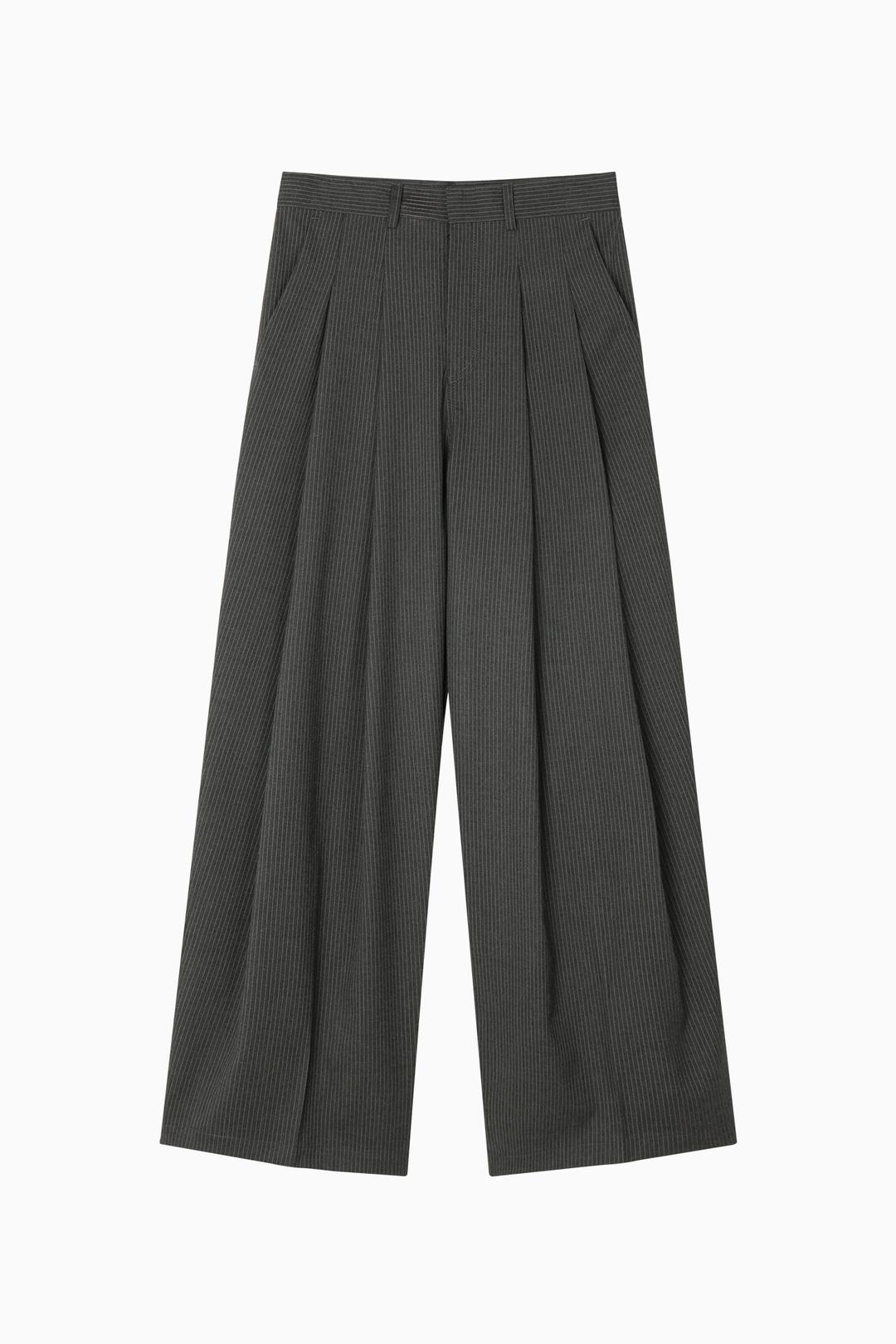 STRIPED DOUBLE PINTUCK WIDE SLACKS - CHARCOAL