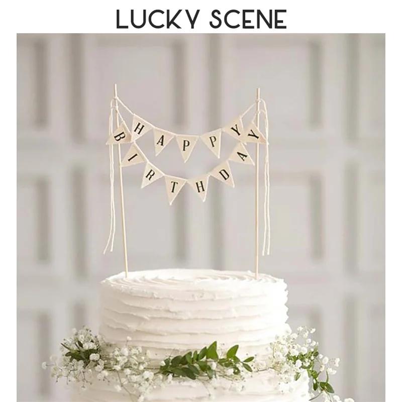 소박한 생일 케이크 토퍼 미니 세련된 문자 생일 케이크 탑 플래그 삼각형 배너 웨이브 컵케이크 디저트, S01099