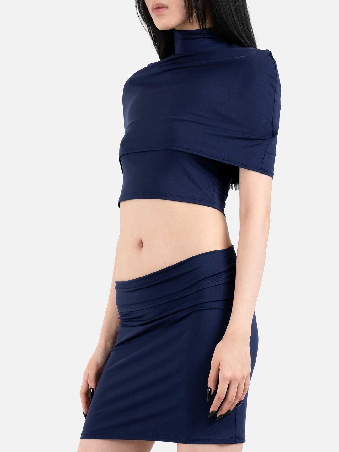 오페이크 하이넥 케이프 탑 (네이비) + 오페이크 폴드오버 미디 스커트 (네이비)