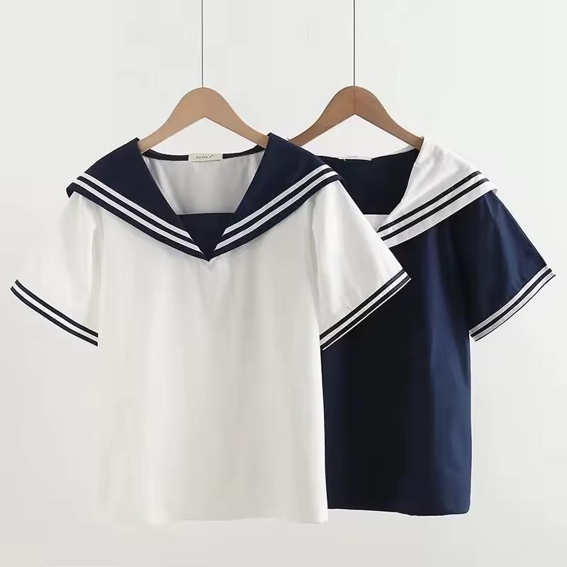 여성용 네이비 셔츠, 패치워크 블라우스, 풀오버, 반팔 상의, 세일러 칼라, 여성 의류, 여름