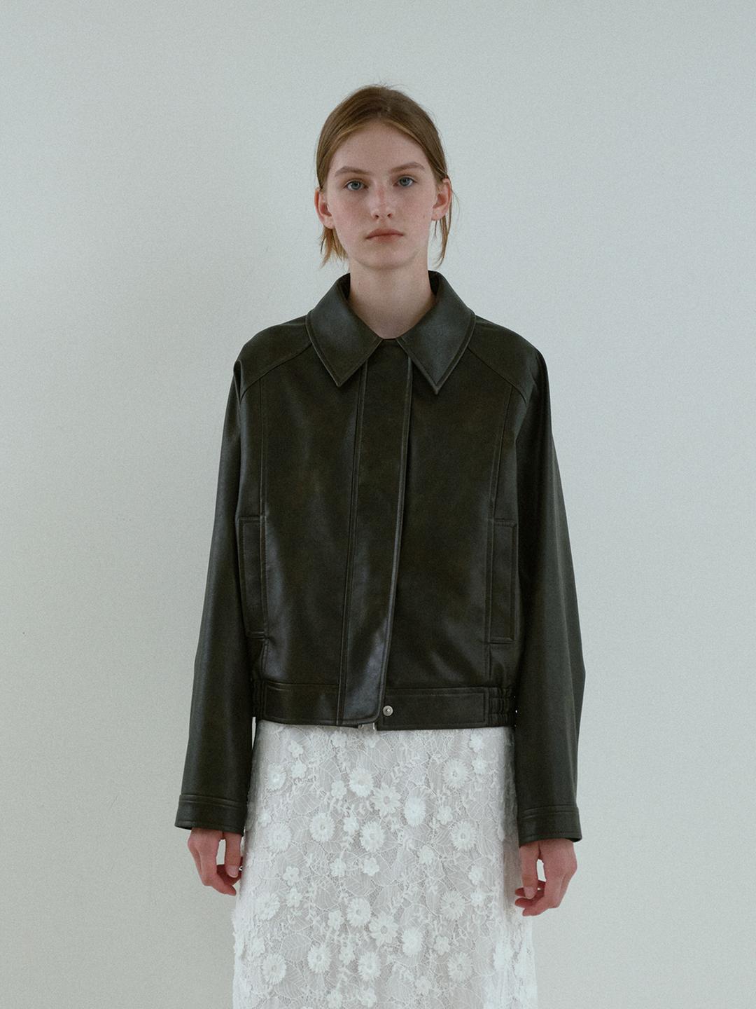 LEATHER PLEATS BOMBER JACKET_BROWN