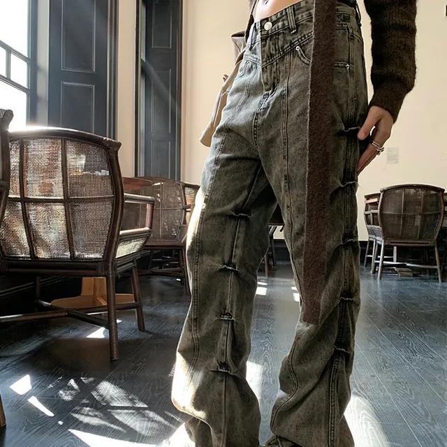 빈티지 워싱 핀턱 드레이프 데님 팬츠