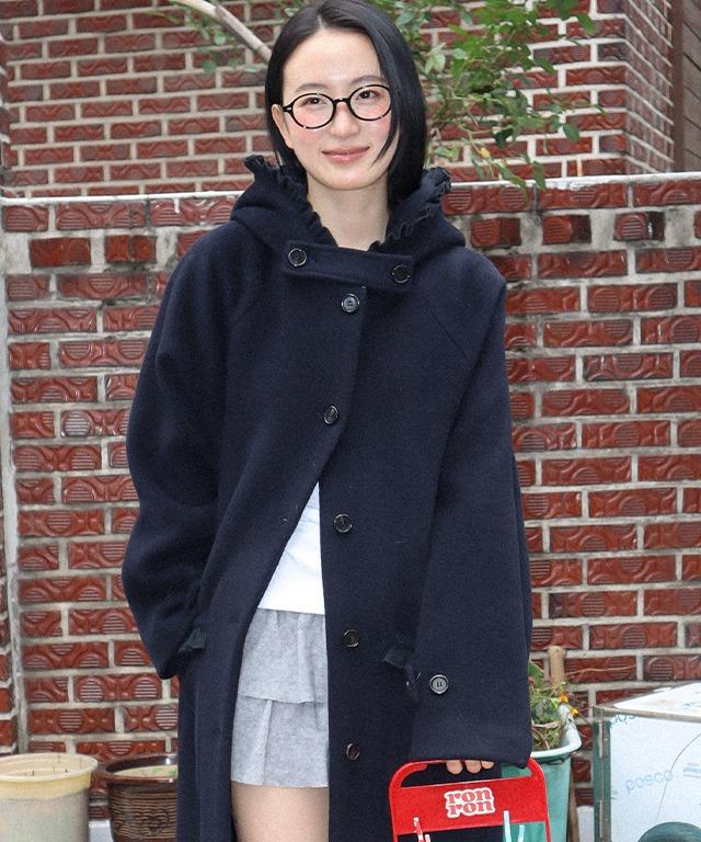 FRILL HOODED LONG COAT NAVY