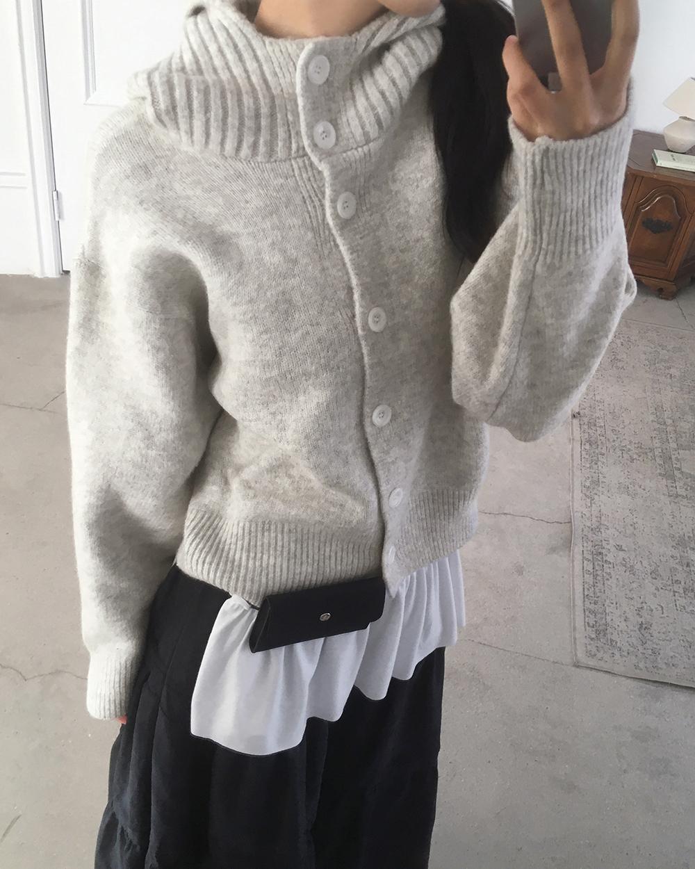 원더원더 포톤 아방핏 하이넥 버튼 후드 가디건