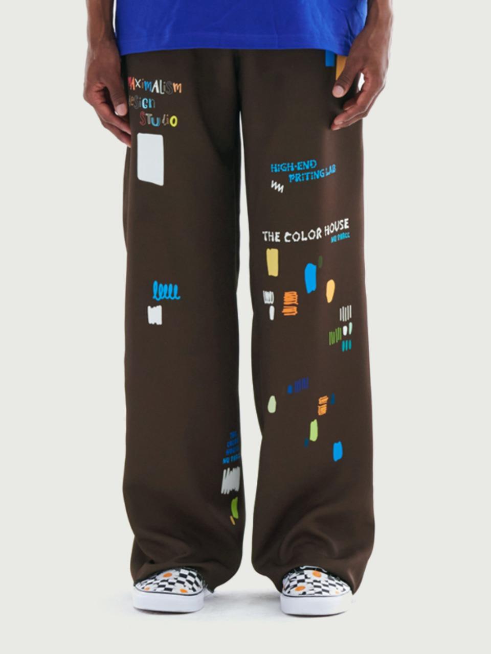 두들 프린트 밴딩 팬츠 - 맨 / 브라운