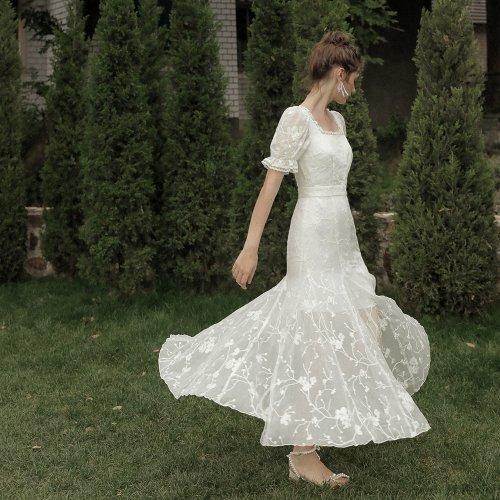 Back v neck mermaid white dress