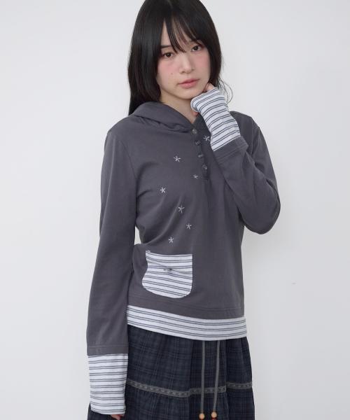 레이어드 포켓 후드 티셔츠 [차콜]