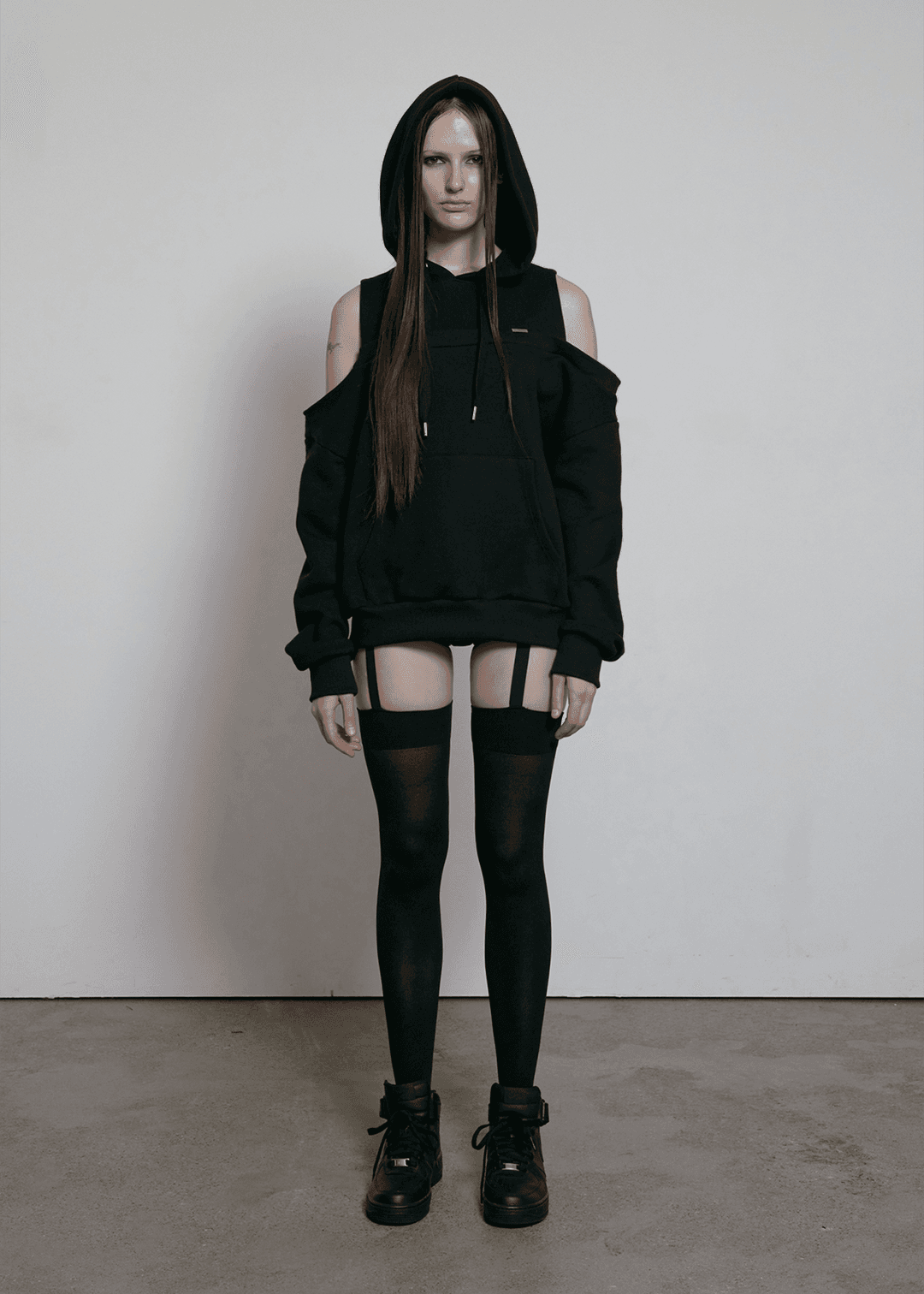 CUT OUT OFF SHOULDER HOODIE, BLACK