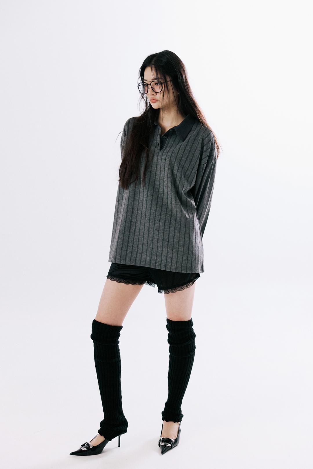 Pin stripe boxy polo shirt(grey)