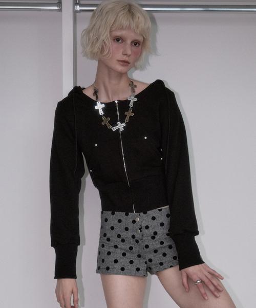 Rivet Round Crop Hood Zip-up [Black]