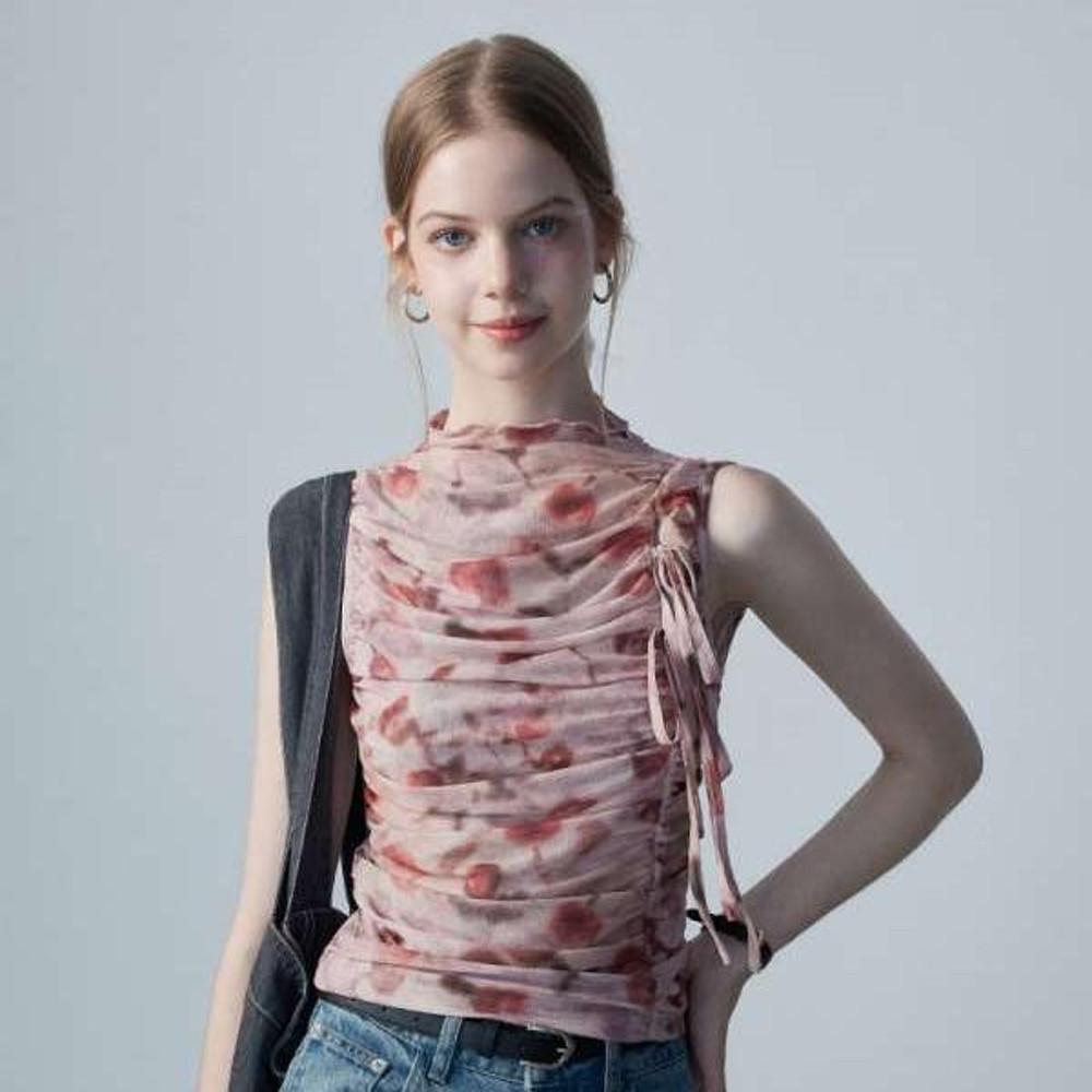 EGGKA 나시 핑크 더블 레이어 메쉬 프린트 민소매 탑