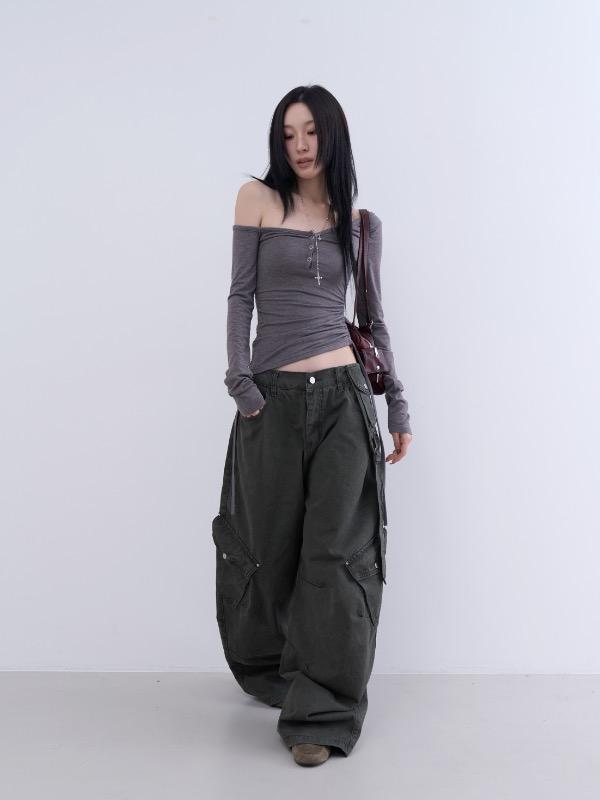 one shoulder snap shirring tee