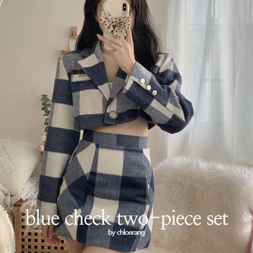 [가을신상/투피스] 모직 블루 체크 긴팔 크롭 자켓+미니 스커트 투피스 세트 셋업 데이트룩 하객룩 캠퍼스룩