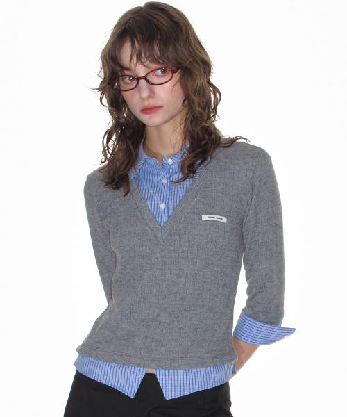 니트 레이어드 체크 셔츠_그레이