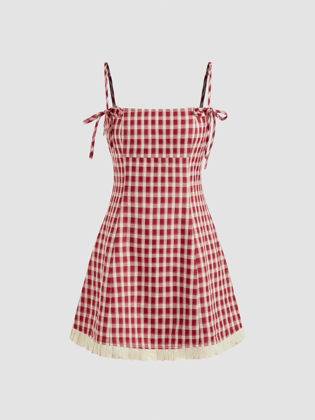 스퀘어넥 깅엄 타이 미니 원피스