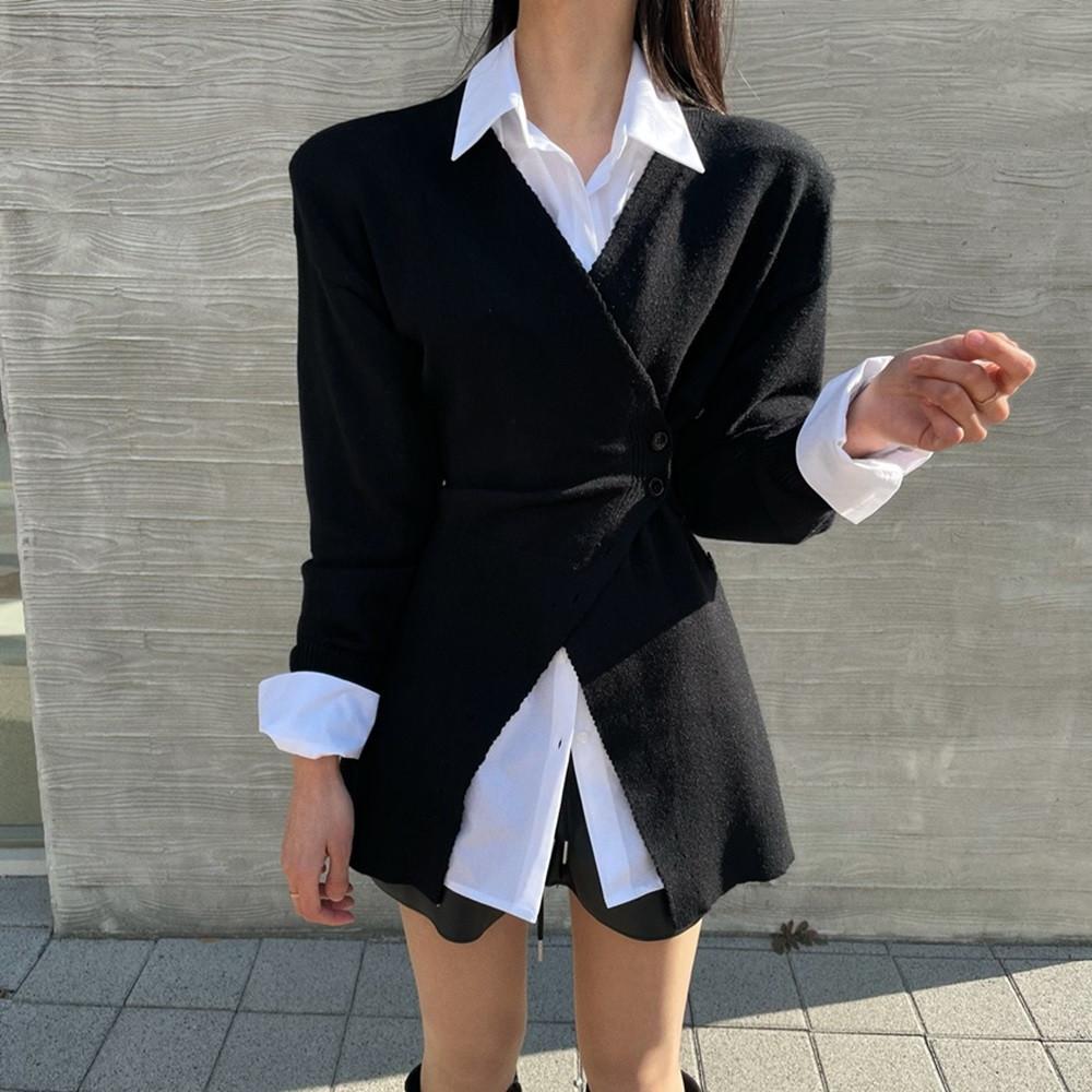 [주문폭주/블랙당일발송] CZ 단추 언발 랩 브이넥 니트 롱 가디건 (4color)