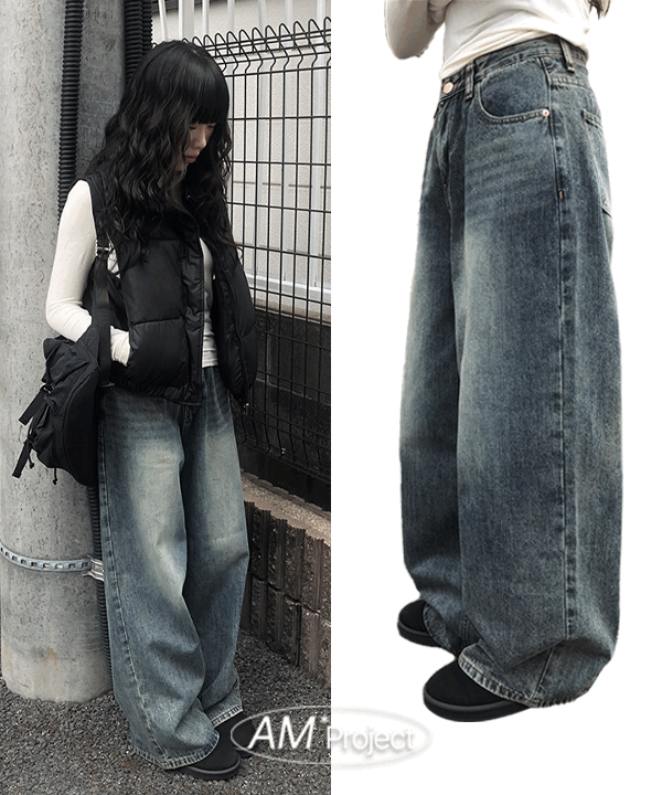 애니원모어 [A/M][롱,숏] 디엔 워싱 와이드 데님 팬츠 (3color)