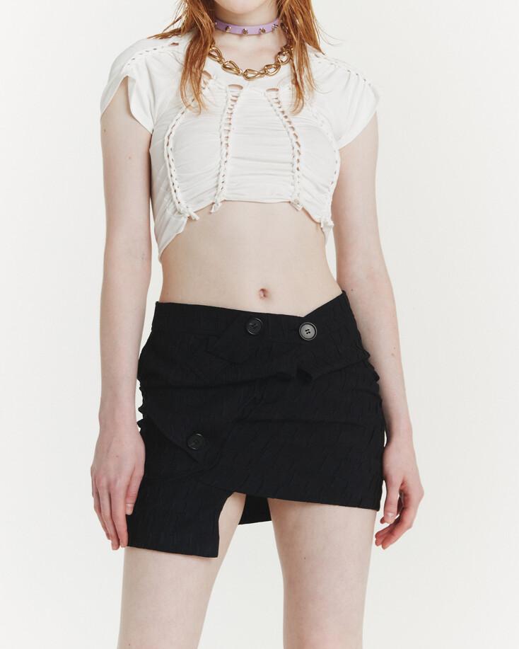 Asymmetric tuck shirring mini skirt (BLACK)
