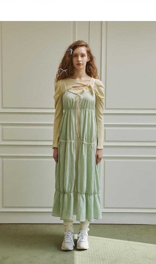 Flora shirring long dress (yellow green)