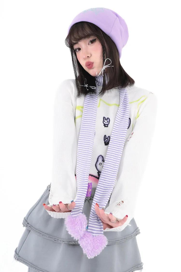 [★ Hashtag DDD ☆ ]Love shape filled cotton white purple striped fine scarf