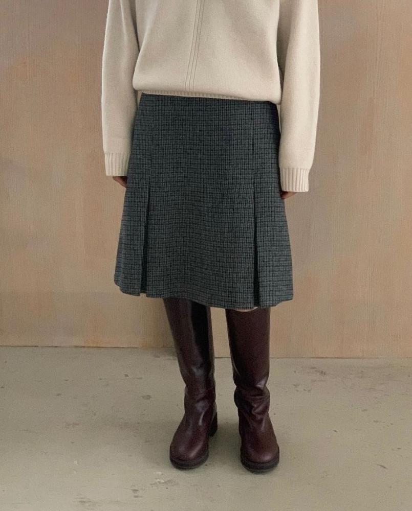 BR 체크 울 스커트 A라인 주름 미디 sk