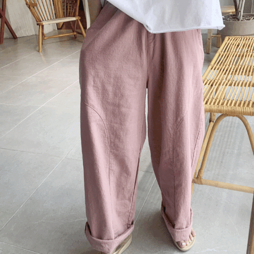 오버핏 린넨  로우 밴딩팬츠