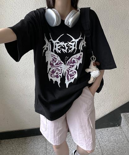 힙핑 💖오버핏💖 버터플 빈티지 스트릿 여름 왕 박스티 남여공용 반팔 커플 티셔츠 / 힙 프린팅 시밀러룩 꾸안꾸 유니크 집앞룩 산책룩 데일리룩 반소매 y2k 빈티지 루즈핏