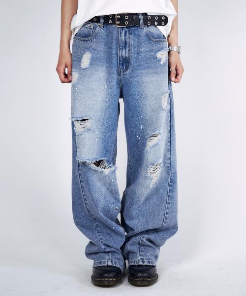 디스트로이드 와이드 데님 팬츠 [블루]