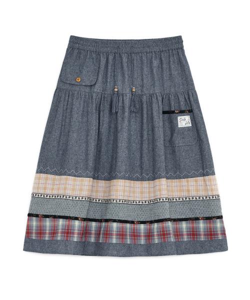 빈티지 패턴 미디 스커트 (블루 데님)