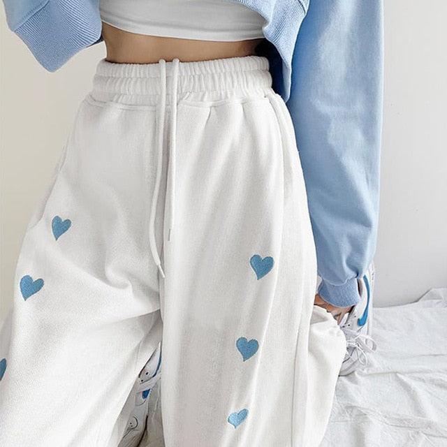 Harajuku Korean Style Summer White Sweatpants Heart Embroidery - 1 / M