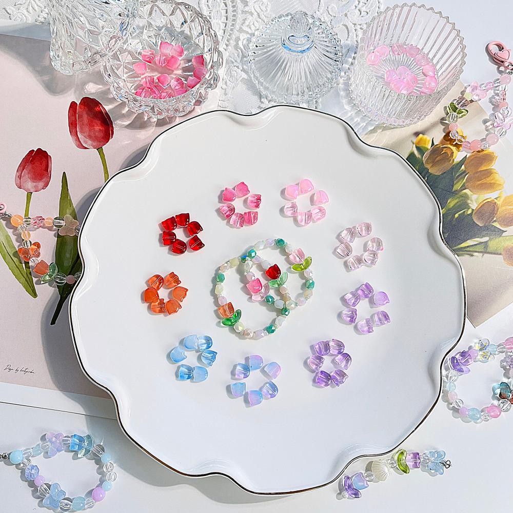 [6개]관통형 9mm 글래스 세로형 튤립 9종 3-32 꽃 비즈 팔찌 악세사리만들기 재료