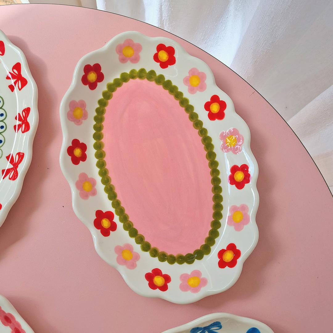 핑크레드꽃 레이스접시