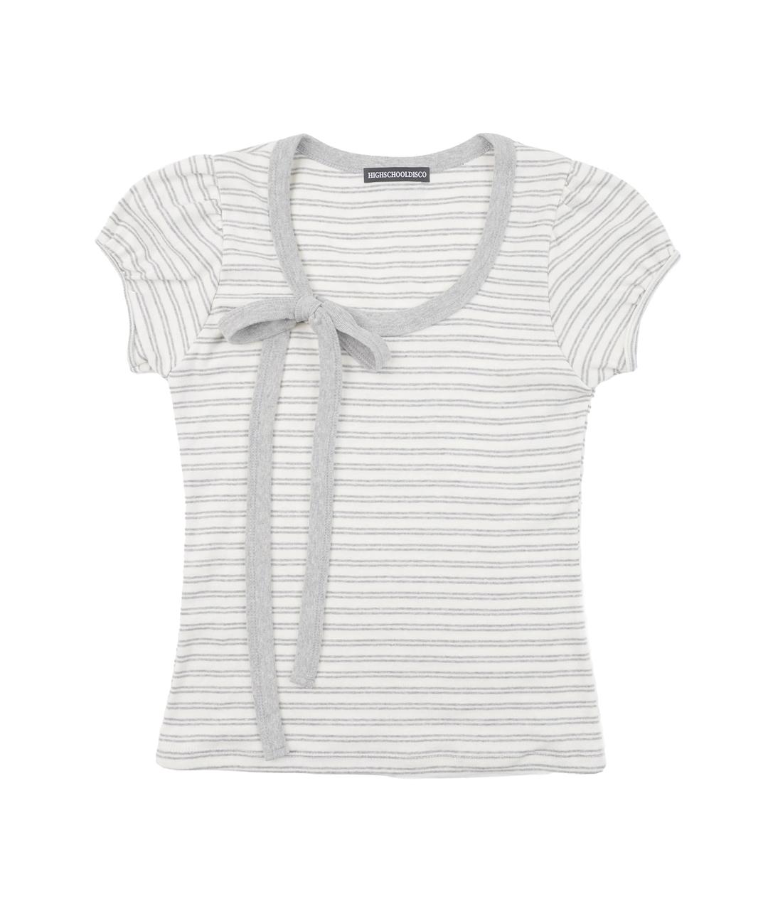 스트라이프 리본 퍼프소매 숏슬리브_메란지그레이