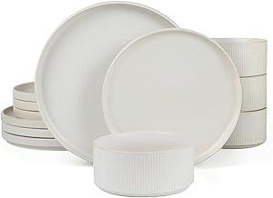 Famiware Star Dinnerware Sets, Plates and Bowls Set for 4, 12 Piece Dish Set, Microwave and Dishwasher Safe, Matte White