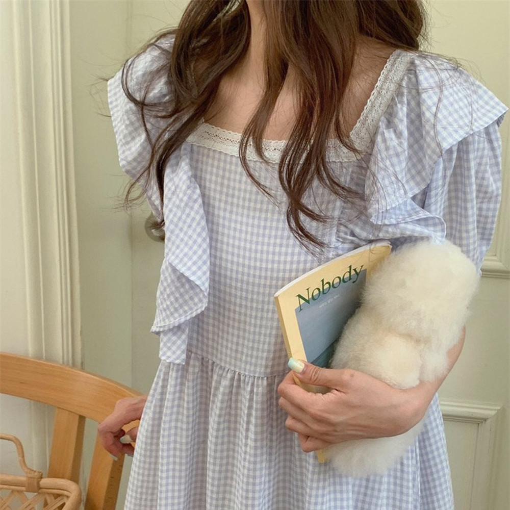 (뵈르원피스파자마) 체크원피스잠옷 임산부 레이스 스퀘어넥 프릴 롱 여자 여성 여름 반팔