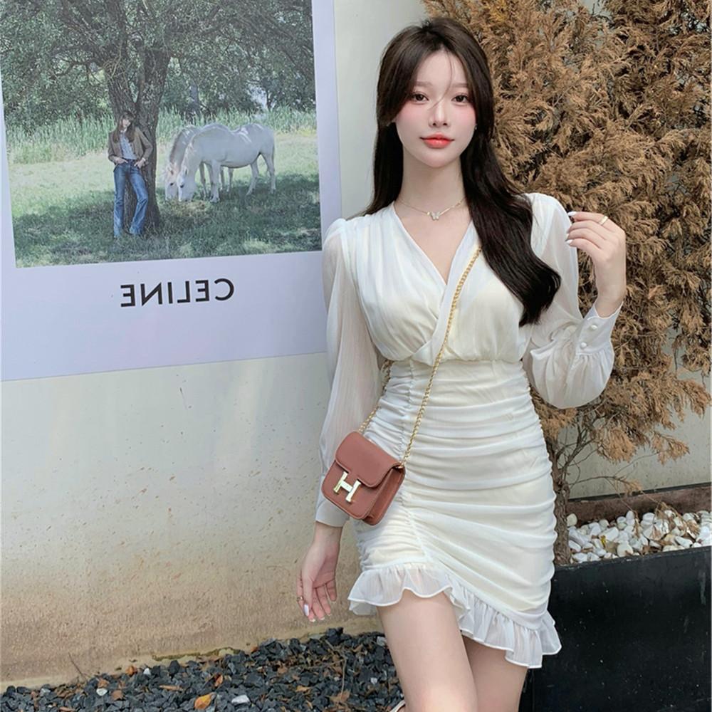 유인 브이넥 셔링 프릴 쉬폰 긴팔 미니 원피스 : 러브포엠 luvpoem