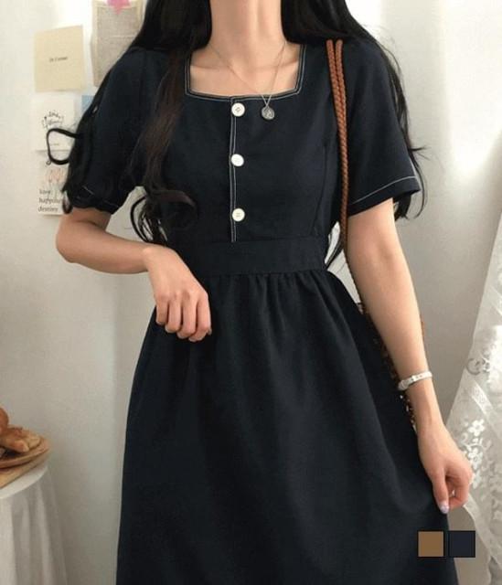 [기프티박스] 마즈다 스티치 스퀘어넥 롱 원피스