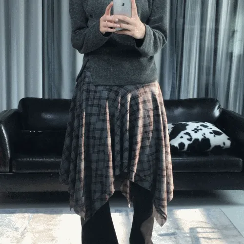 [추천/  레이어드] 모리 체크 언발 스커트 (2color)