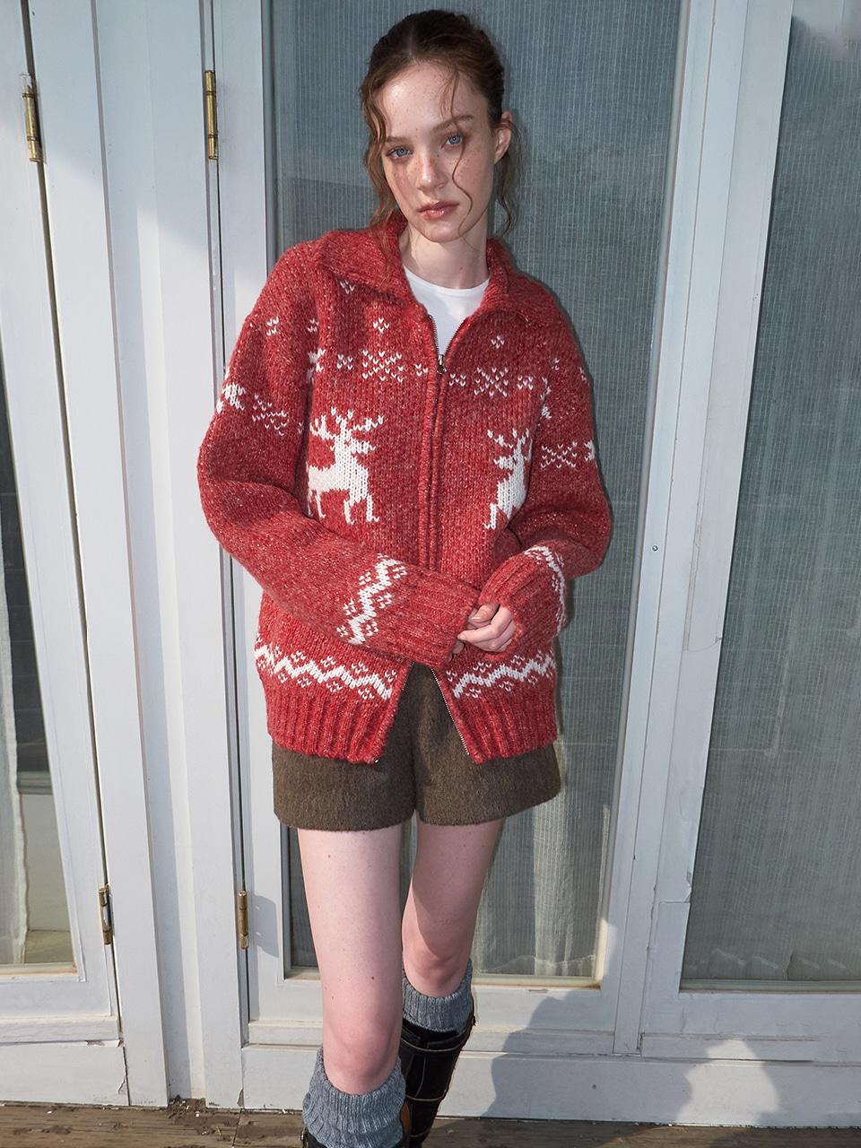 Deer Zip-Up Cardigan, Red