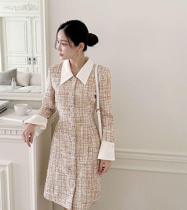 [2col] 엘렌 트위드 카라 커프스 미디 하객룩 원피스
