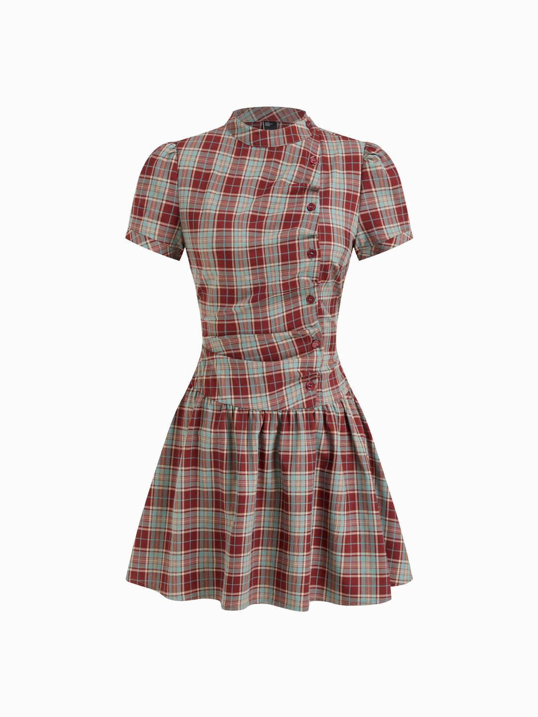 Plaid Stand Collar Puff Sleeve Tie Back Button Mini Dress