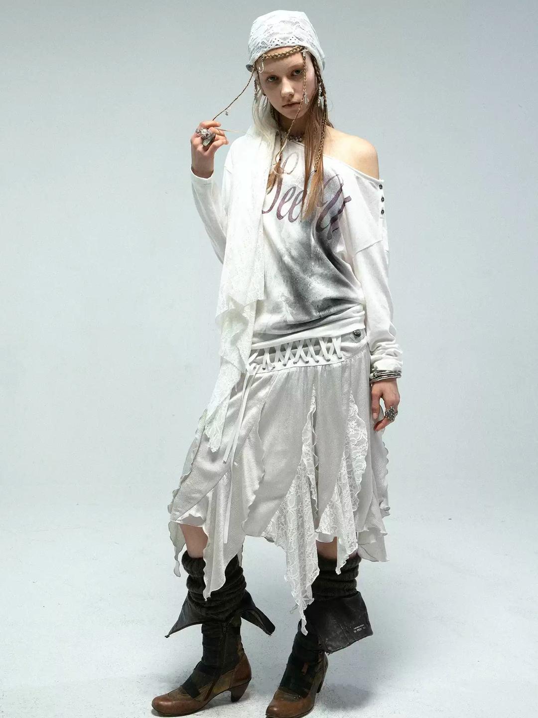 (Pre-Order 10% Sale) Double Punch Metal Satin Multi-Layer Ruffled Lace Irregular Midi Skirt