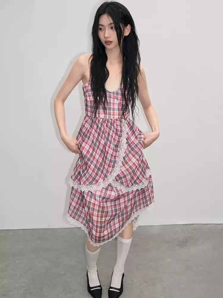 Lvetong French Retro Plaid V-Neck Lace Suspender Dress