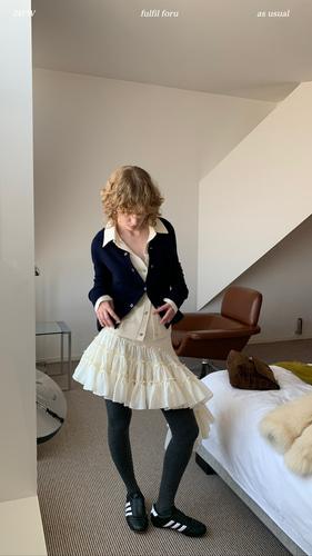 FFU 언발 셔링 프릴 캉캉 플레어 레이스 쉬폰 미니 스커트 튜브탑