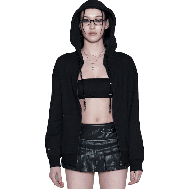[HILLDA] Spider 2way Sweat Hood Zip-up [Black]